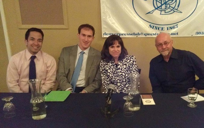 Left to right: Tak Landrock, Phil Tenser, Vikki Migoya and Rob Reuteman, at SPJ Colorado Pro's panel discussing social media and breaking news.