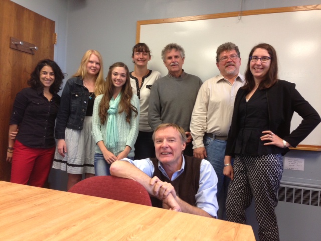 SPJ Lunch at CSU - Taking a break from their Oct. 2 lunch at Colorado State University in Fort Collins are, left to right: Tammy Matthews, graduate student; Anna Groeling, SPJ student chapter vice president; Erin Douglas, SPJ student chapter officer-at-large; Allison Dyer Bluemel, SPJ student chapter president; Estes Park Trail-Gazette news editor David Persons; Kris Kodrich, SPJ student chapter adviser and CSU journalism professor; Kate Winkle, editor-in-chief of the Rocky Mountain Collegian; and Evergreen Newspapers editor Doug Bell (foreground). Persons, Bell and SPJ Colorado Pro Chapter president Ed Otte spoke to two journalism classes before the lunch with the SPJ student chapter members.