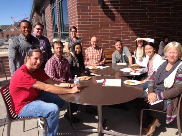 SPJ Pizza Party at CMU - Journalism students and faculty enjoy pizza during a Society of Professional Journalists Colorado Pro Chapter visit on Oct. 6 to Colorado Mesa University in Grand Junction. Beecher Threatt, co-publisher of the Ouray County Plaindealer; Richie Ann Ashcraft, web content editor of the Grand Junction Daily Sentinel; Brian Calvert, associate editor of High Country News; and SPJ Colorado Pro Chapter president Ed Otte spoke to two journalism classes before the lunch.
