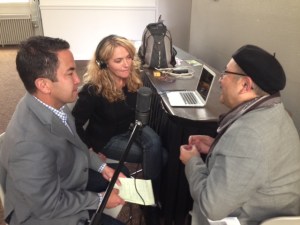 SPJ Auraria Chapter officer Yolanda Valencia conducts a podcast interview with Denver Fox31 reporter Tak Landrock, left, and CU-Boulder student media manager Gil Asakawa April 24 during the Region 9 Conference in Denver. Landrock and Asakawa led the conference diversity session discussion. 