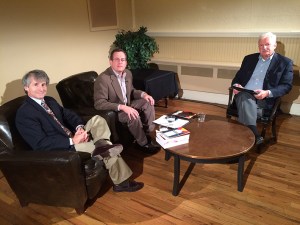 First Amendment attorney Steve Zansberg, left, president of the Colorado Freedom of Information Coalition and CFOIC executive director Jeff Roberts discussed FOI and open government issues on Nov. 4 at the Denver Press Club, The program, sponsored by the Colorado Pro Chapter of the Society of Professional Journalists, was taped by Denver Media Services and will be broadcast on Channel 8. SPJ Colorado Pro president Ed Otte, right, was the moderator.