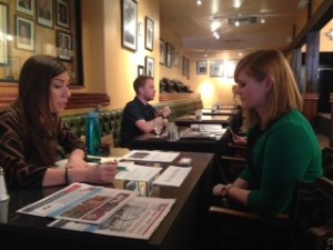Denver Post internship recruiter Alexandra Alonso, left, interviews Rachael Worthington of Colorado State University at the SPJ College Student Internship and Job Fair on Feb. 19 at the Denver Press Club.